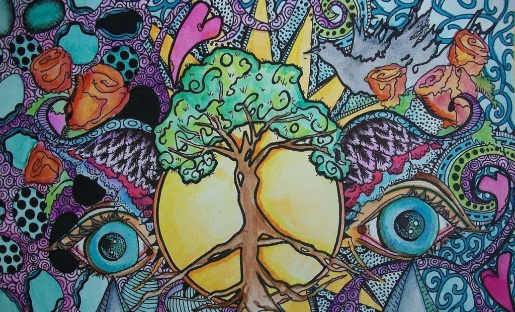 Vibrant psychedelic hippie art with peace sign tree blue eyes and blooming roses wallpaper background