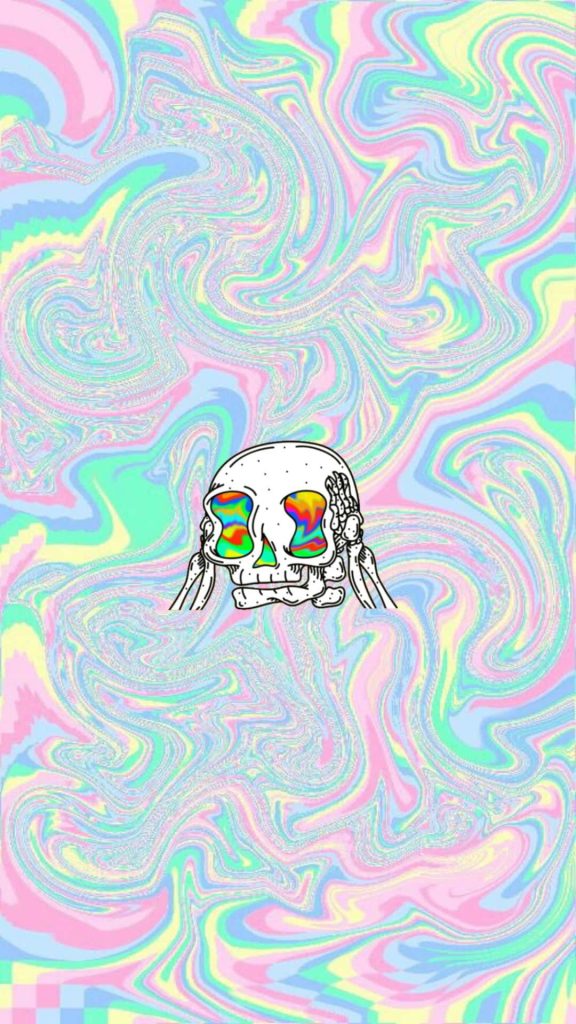Detailed line-art skull with psychedelic pastel eyes on iridescent swirling rainbow liquid background Wallpaper