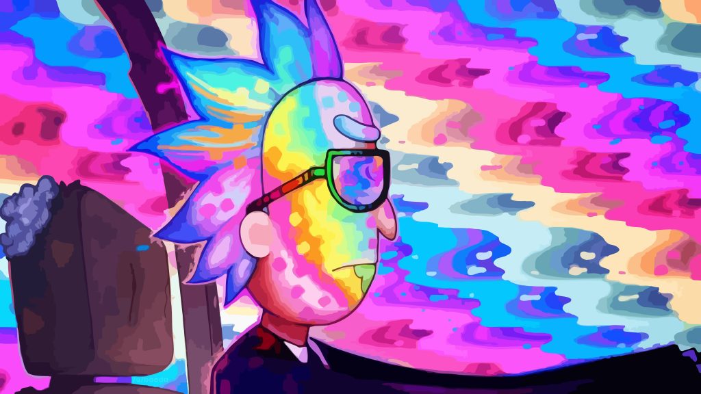Rick Sanchez psychedelic 4K wallpaper profile neon sunglasses swirling rainbow cosmic background