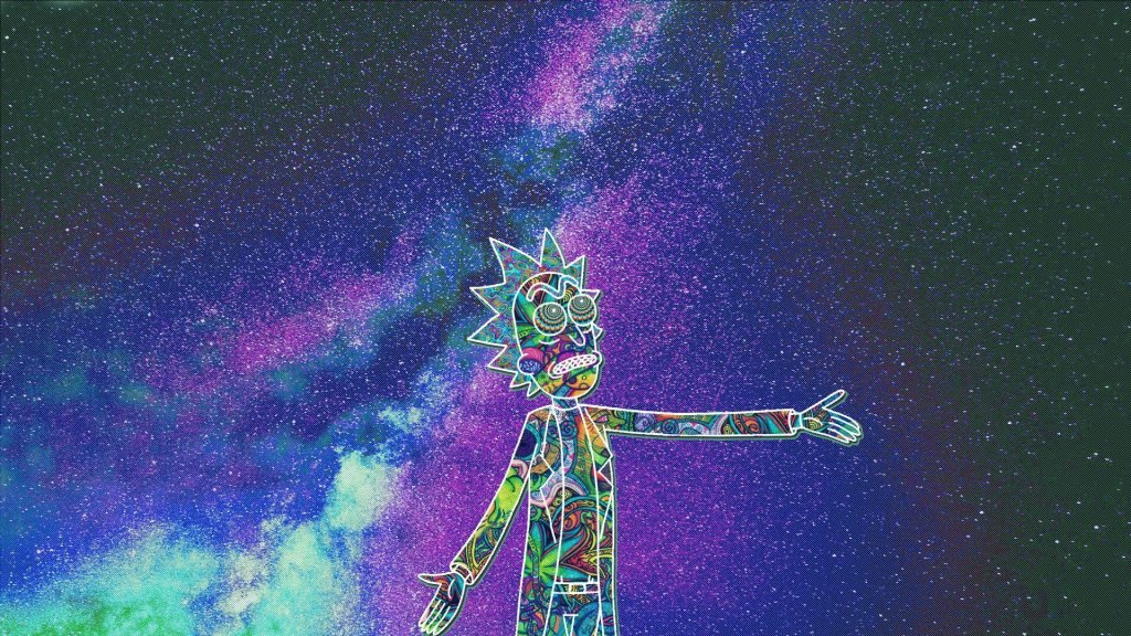 Rick Sanchez digital art wallpaper neon psychedelic cosmic galaxy purple nebula background
