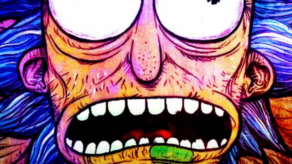 Psychedelic Rick and Morty wallpaper with intense closeup of Rick Sanchez vivid colors background