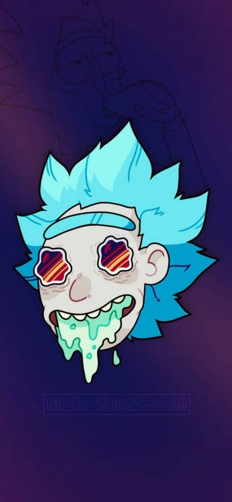 Rick and Morty psychedelic wallpaper with glowing green drool and trippy star eyes on purple background