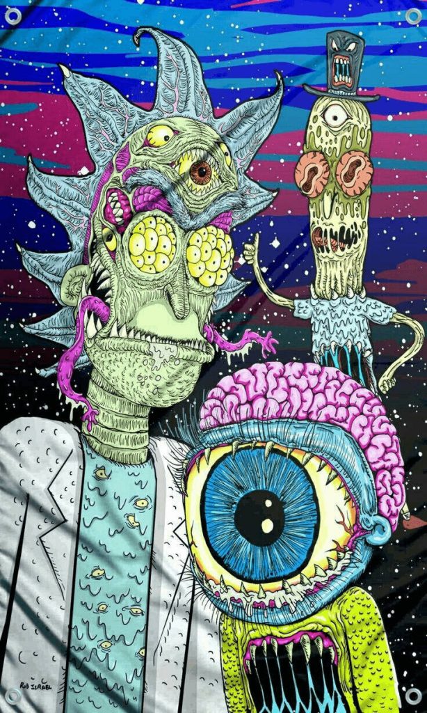 Psychedelic Rick and Morty iPhone wallpaper with multi-eyed Rick and cosmic eyeball monster background