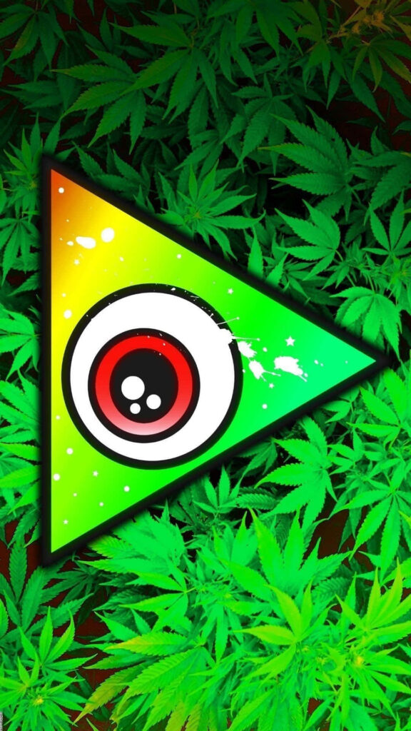 Psychedelic single eye in glowing triangle with green cannabis leaves vibrant iPhone wallpaper