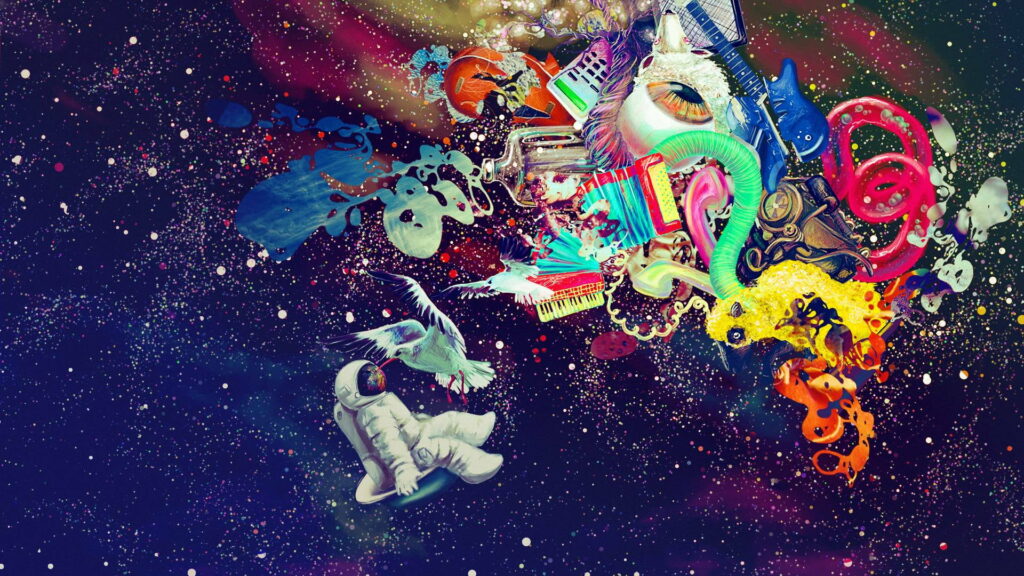 Psychedelic space wallpaper with astronaut seagull surreal elements giant eyeball neon shapes nebula