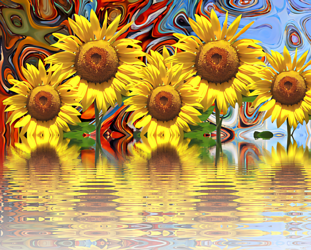 Psychedelic Sunflower Wallpaper with Reflective Water Effect