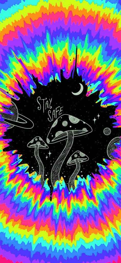 Vibrant psychedelic wallpaper with hand-drawn mushrooms celestial motifs and stay safe text