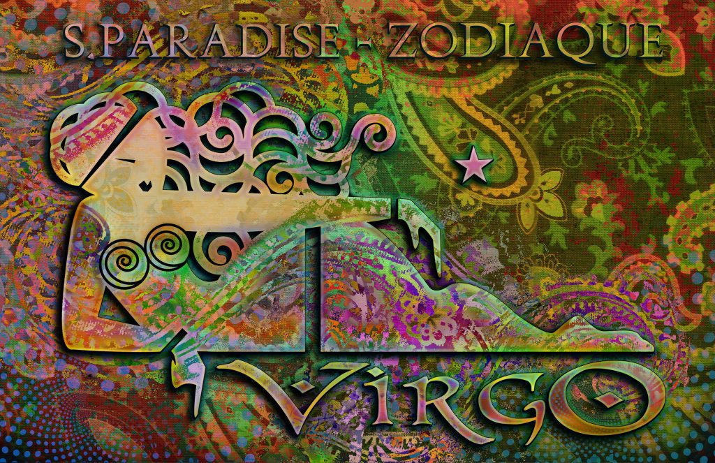 Psychedelic Virgo zodiac wallpaper with reclining female and vibrant paisley patterns background