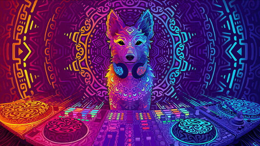 A Howling Symphony: A Colorful Wolf in Psychedelic Trippy Abstraction HD Wallpaper Background Photo with Headphones