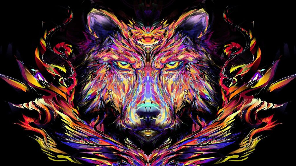 Psychedelic wolf with third eye vibrant rainbow brushstrokes on black spiritual wallpaper background