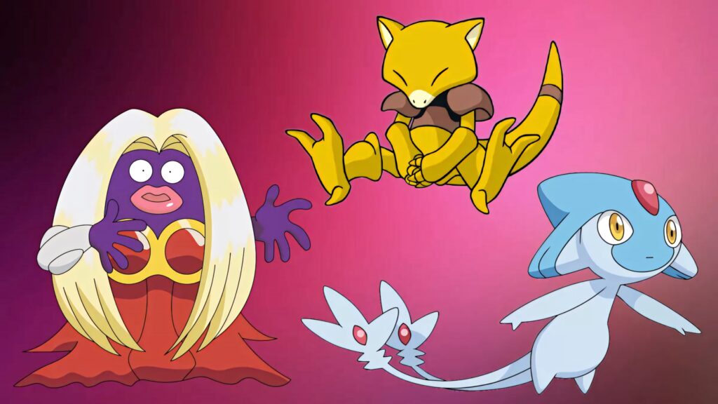 Psychic-type Pokémon Abra Jynx and Azelf vibrant pink gradient wallpaper background design