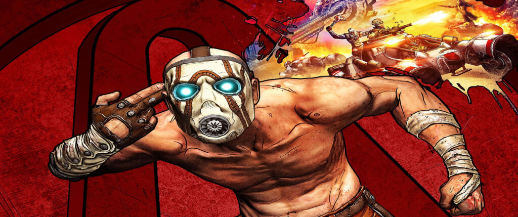 Borderlands 3 Wallpaper: Muscular Character in White Mask Amid Chaos and Combat Scene