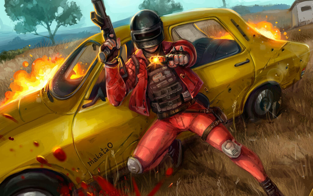 PUBG intense battle scene fighter in red jacket aiming behind burning yellow car in grassy field Wallpaper