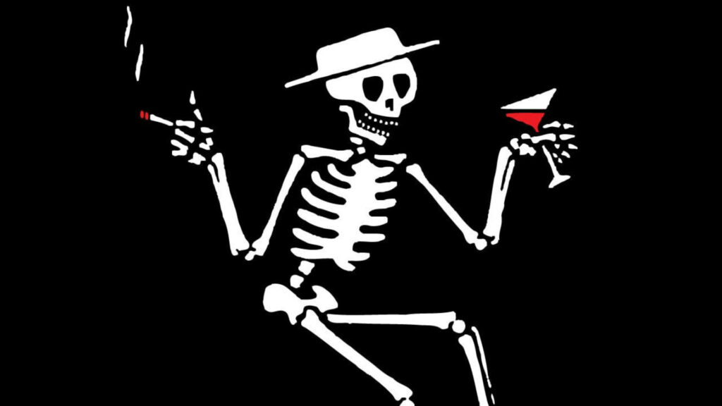 Macabre Merrymaking: A Drinking Skeleton Desktop Wallpaper