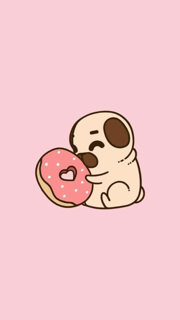 Pugtastic Donut Delight: Adorable Pug Embracing a Pink Treat as Mobile Wallpaper