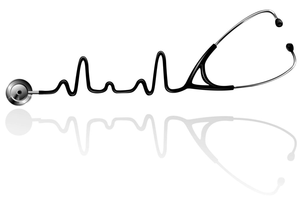 Healing Heartbeat: A Black Doctor's Stethoscope Creates a Pulse Rate Symbol on a Reflective White Background Wallpaper