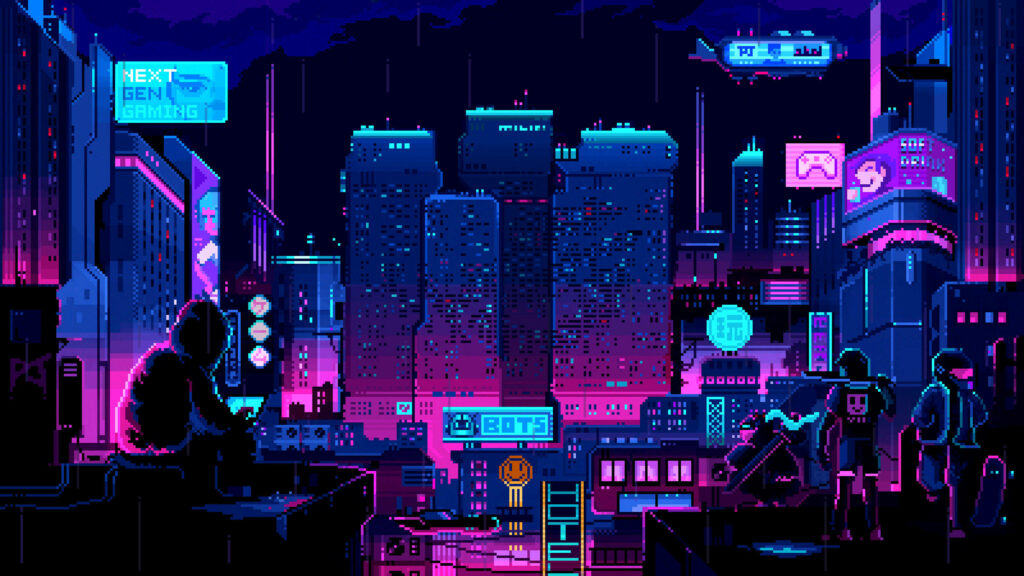 Celebrating Design's Vibrant Journey: Pixel-Powered Neon Symphony in the Urban Landscape Wallpaper