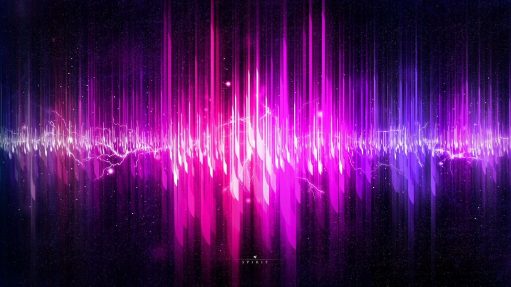 Synesthetic Symphony: An Immersive Purple Neon Desktop Experience with Vibrant Soundwaves Wallpaper