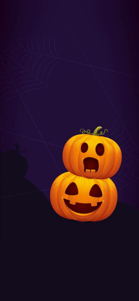 Spooktacular Duo: Startlingly Joyful Pumpkin iPhone Wallpaper Unleashed on Eerie Violet Canvas