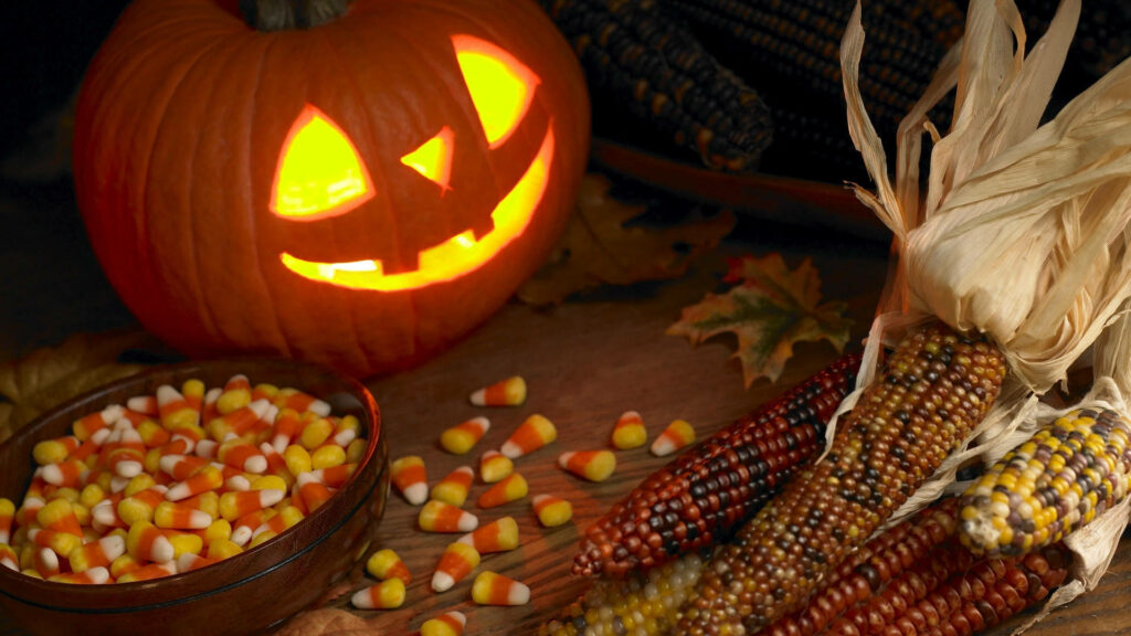 Glowing Jack-o'-lantern with candy corn and dried Indian corn for Halloween harvest wallpaper