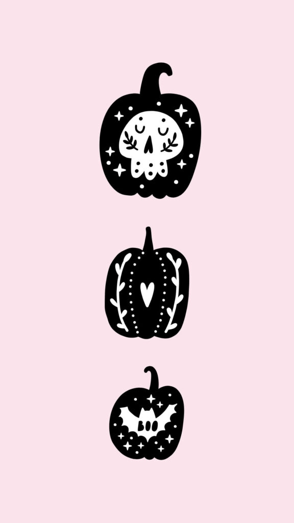 Pumpkin Patch Party: Spooktacular Phone Wallpaper with Three Whimsical Designs on a Pink Halloween Background
