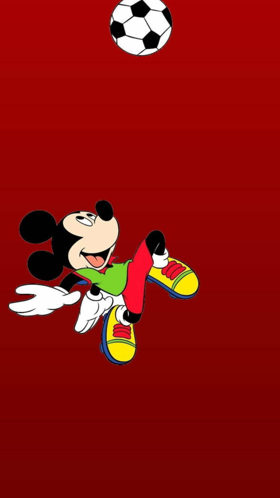 Mickey Mouse football wallpaper vibrant red background soccer ball hides smartphone camera cutout