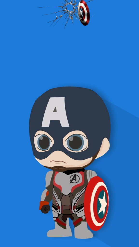 Chibi Captain America wallpaper with tech suit and shield cam cutout on vibrant blue background