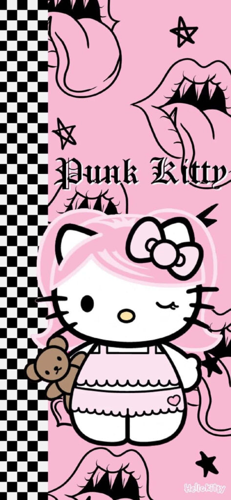 Punk Kitty Wallpaper: Edgy Hello Kitty with Checkerboard & Lip Graphics
