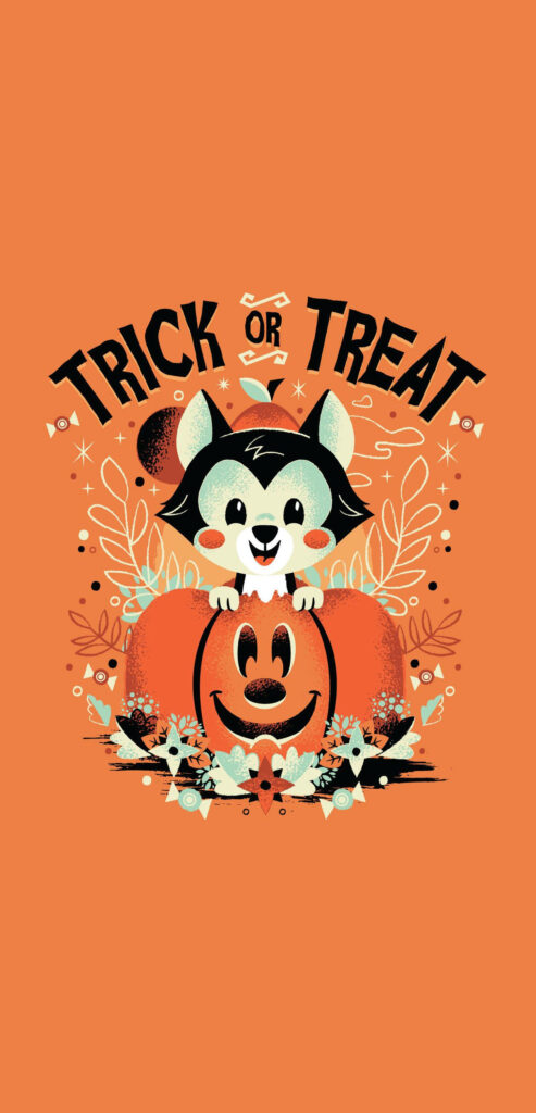 Whimsical Halloween Delight: Furry Friend and Spooky Pumpkin Collide in Trick or Treat Wallpaper