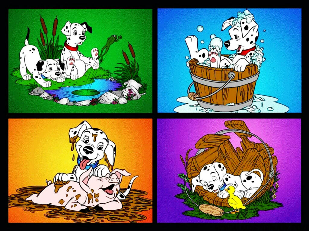 Dalmatian Delights: A Pawsome Compilation of Playful Puppies Engaging in Various Activities Against Vibrant Backdrops Wallpaper