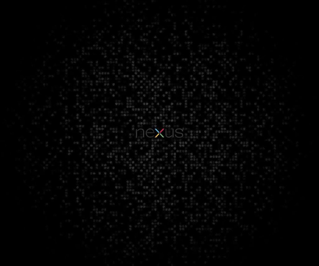 Pure Black OLED wallpaper with multicolor Nexus logo on dark digital particle background
