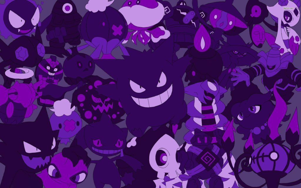 Purple anime-style ghost Pokemon wallpaper featuring vibrant Gengar and iconic Ghost-types