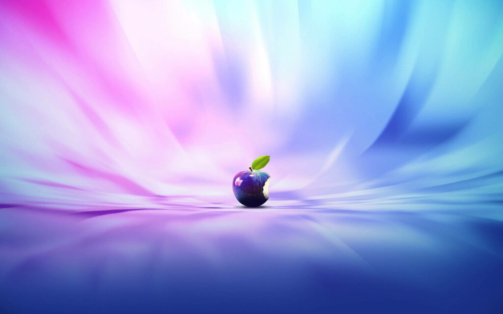 Abstract Brilliance: A Vibrant Purple Apple with a Bite and Green Leaf Against a Mosaic of Blue and Pink Shades Wallpaper
