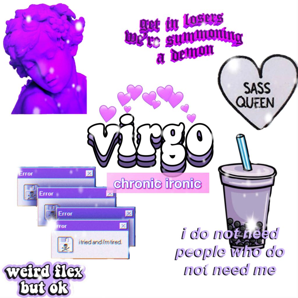 Purple digital collage wallpaper with statue bust retro pop-ups boba tea and ironic text quotes