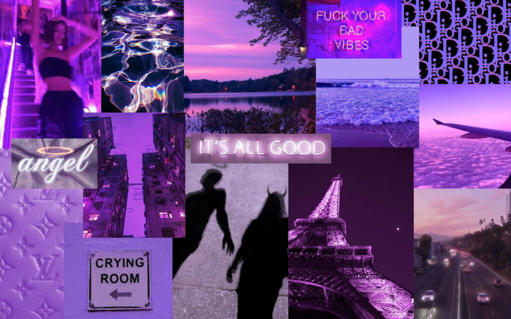 Vibrant purple aesthetic collage with neon signs Eiffel Tower ocean waves and fashion patterns wallpaper