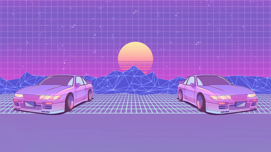 Vaporwave Vibes: Dual JDM Machines Amidst a Purple Dream Wallpaper