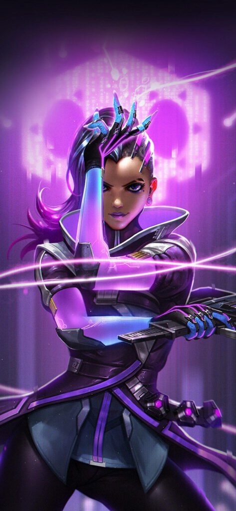 Sombra, the Hacker Lady in a Dynamic Gaming Stance – Vibrant Purple Gaming Background Wallpaper