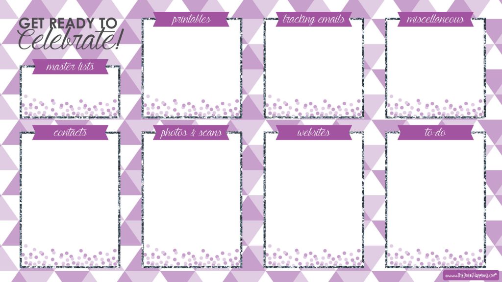 Purple geometric triangle desktop organizer wallpaper with labeled white sections and confetti accents