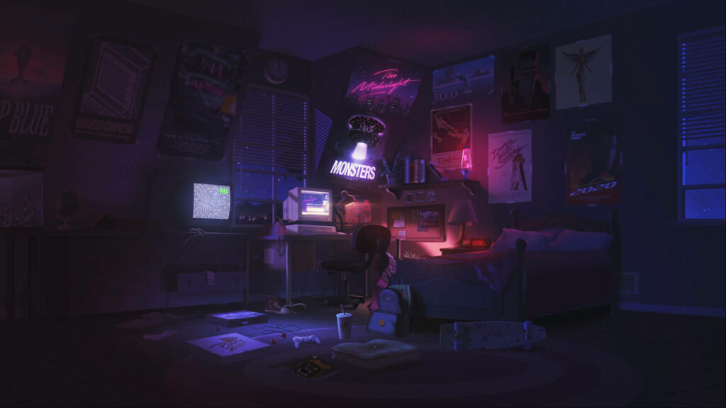 Vibrantly Lit Workstation: A Neon-Purple Haven with Artistic Accents Wallpaper