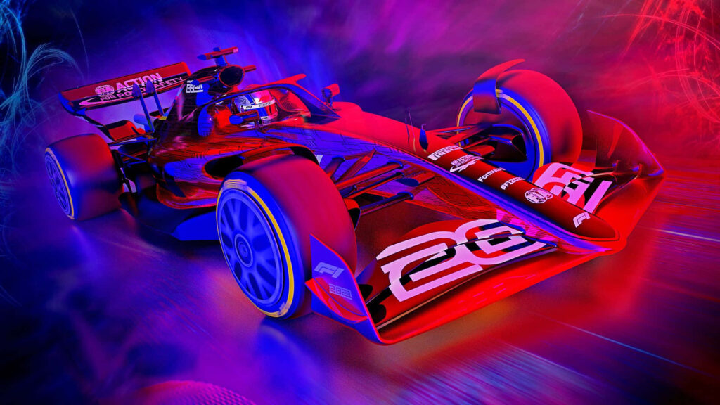 Speed and Colors Unleashed: Vibrant F1 Game Race Car in a Dynamic Purple and Red Aesthetic Wallpaper