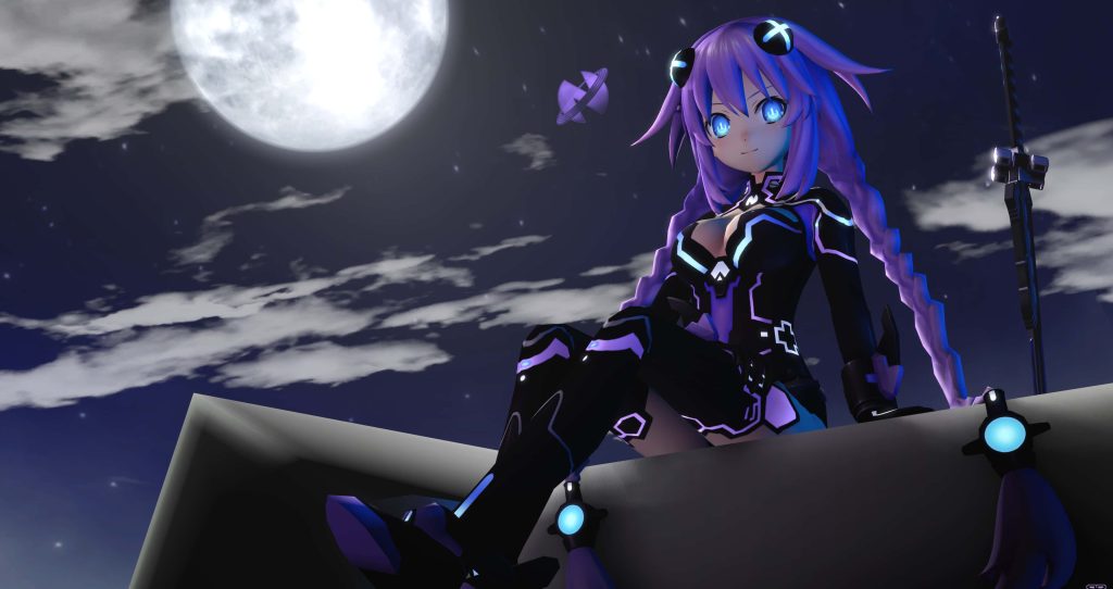 3D CGI Hyperdimension Neptunia Purple Heart in black armor under full moon night sky wallpaper