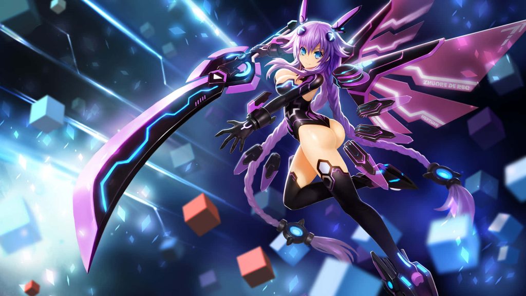 Neptune in Purple Heart HDD form with glowing energy sword against neon cyberspace backdrop Wallpaper
