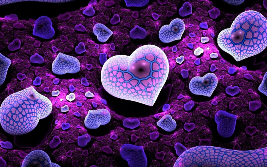 Purple Paradise: Captivating 3D Render of Enchanting Purple Hearts on Textured Wallpaper