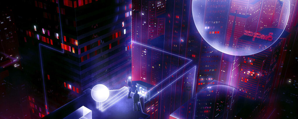 Panoramic Scenery: Mesmerizing Cyberpunk Metropolis Bathed in Vibrant Purple and Pink Illumination Wallpaper