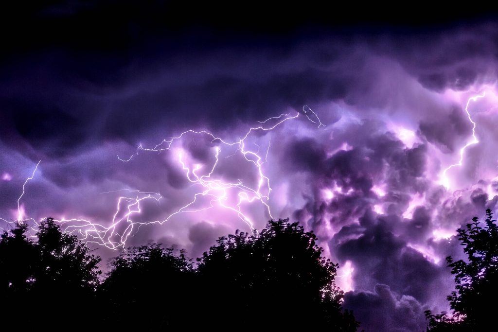 Purple lightning bolts illuminate dark violet storm clouds above silhouetted treetops at night Wallpaper
