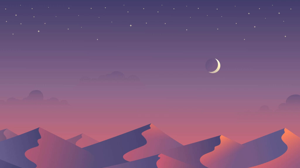 Pastel Mountains and Purple Sky: A Minimalist Wallpaper with Polygons and a Crescent Moon