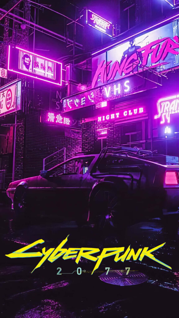 Purple Neon Nights: A Cyberpunk 2077 Urban Oasis for Android Devices Wallpaper