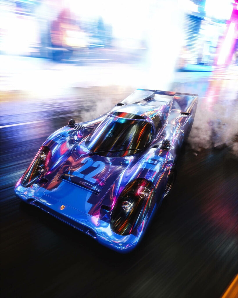 Sleek purple racing car speeding on neon city street vibrant motion dynamic iPhone wallpaper