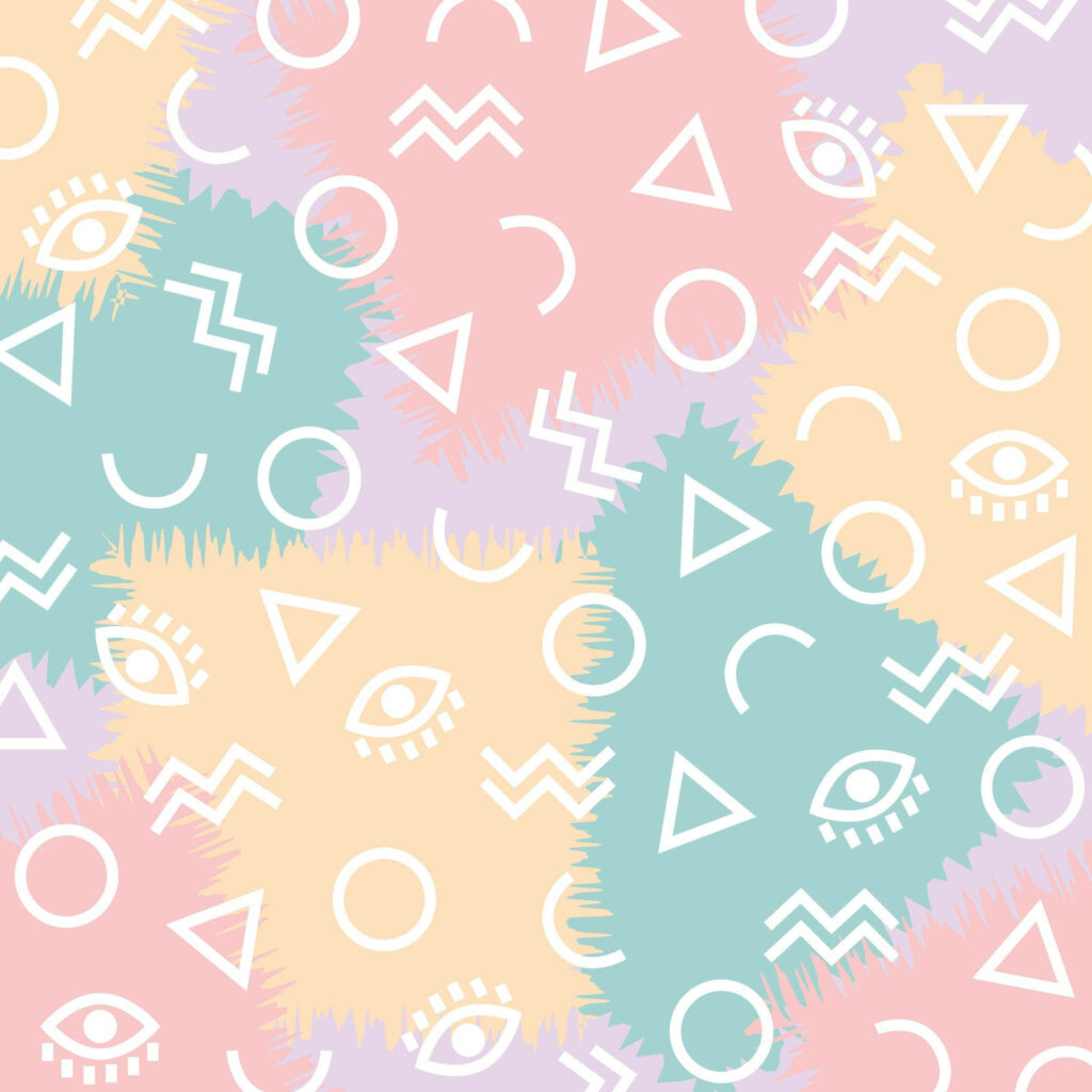 Purple Dreamscape: Delightful Pastel Patches Adorned with Whimsical White Shapes Wallpaper