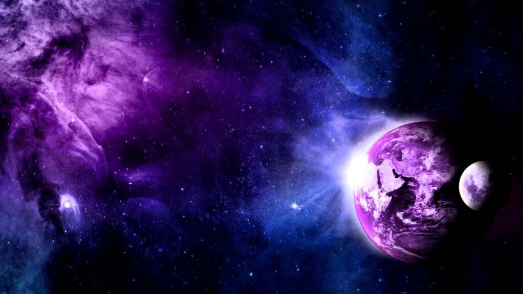 Vibrant purple planet eclipse with glowing moon nebula stars cosmic sci-fi fantasy wallpaper background